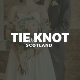 tie the knot scotland logo over an image of a bride and groom