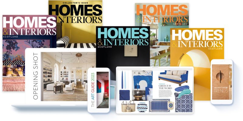 a selection of homes & interiors scotland magazine covers with laptop and mobile device screens