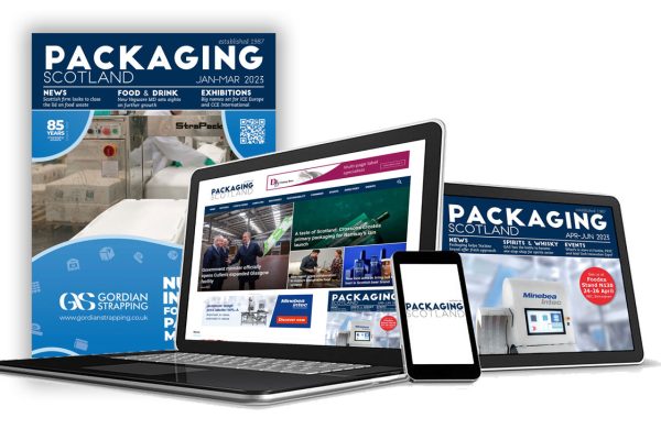 packaging scotland magazine cover with website on a laptop, tablet and phone