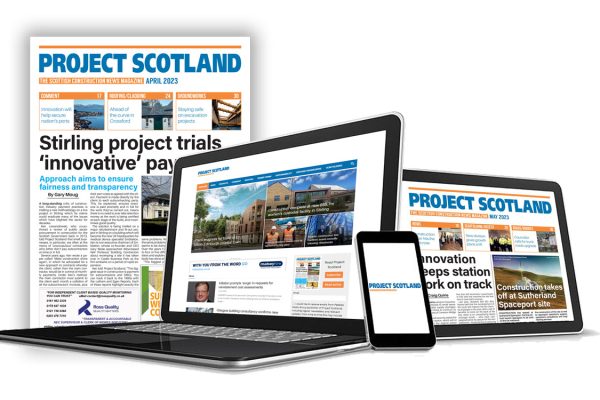 front cover of project scotland magazine with website on laptop, tablet and mobile phone
