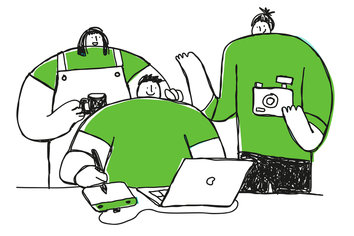 illustration of three colleagues around a laptop